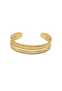 Goldfarbener Metallarmreif mit drei strukturierten Bändern und einem glatten Mittelteil, entworfen mit dezenten Linien und einem polierten Finish.