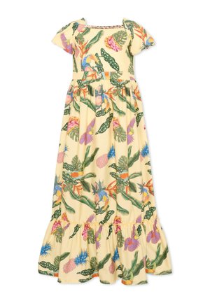 Gele maxijurk met pofmouwen, tropische print van groene bladeren, kleurrijke vogels en ananassen, met een geplooide taille en gerimpelde zoom.