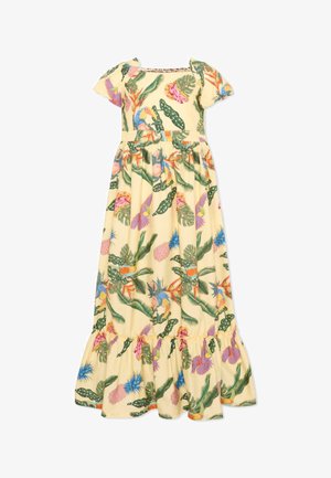 Vestido maxi amarillo con mangas abullonadas, estampado tropical de hojas verdes, pájaros coloridos y piñas, con cintura fruncida y bajo con volantes.