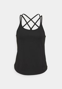 Camiseta atlética negra sin mangas con un tejido suave y elástico. Presenta un diseño de tirantes en forma de cruz en la parte posterior y un dobladillo redondeado.