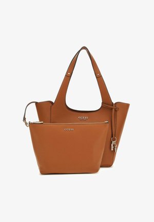 Sac cabas Guess en cuir grainé marron avec double poignée et pochette assortie zippée, ornés d'une fermeture éclair dorée et de détails logo.