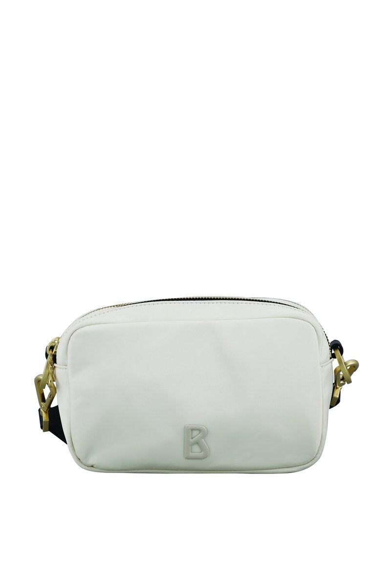 Bílá obdélníková crossbody taška z hladkého materiálu, s uzávěrem na zip, černým popruhem a kultivovanými zlatými detaily s vystouplým logem "B".