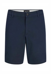 Marineblå shorts lavet af slidstærkt bomuldsblandingsstof, med flad front, bæltestropper og en enkelt knaplukning.