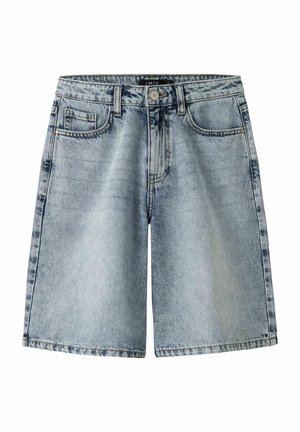Lyseblå denimshorts med knap- og lynlås-lukning, bæltestropper samt forlommer og møntlomme.