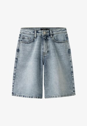 Hele sinised teksapüksid, millel on nööbiga ja tõmblukuga sulgemine, vööaasad ning esimesed ja münditaskud.