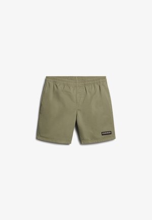 Khaki zwemshorts gemaakt van lichtgewicht stof, met een elastische tailleband, zijzakken en een klein logopatch op het been.
