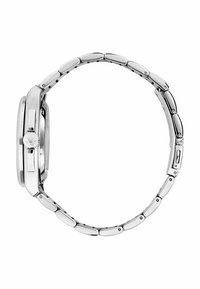 Silberne Metalluhr mit einem rechteckigen Gehäuse, glatter Oberfläche, Armband mit ovalen Gliedern und einer Krone an der Seite für Anpassungen.