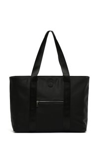 Black tote bag made of durable material with flat, wide straps and a front zippered pocket. Features a round logo on the front panel.