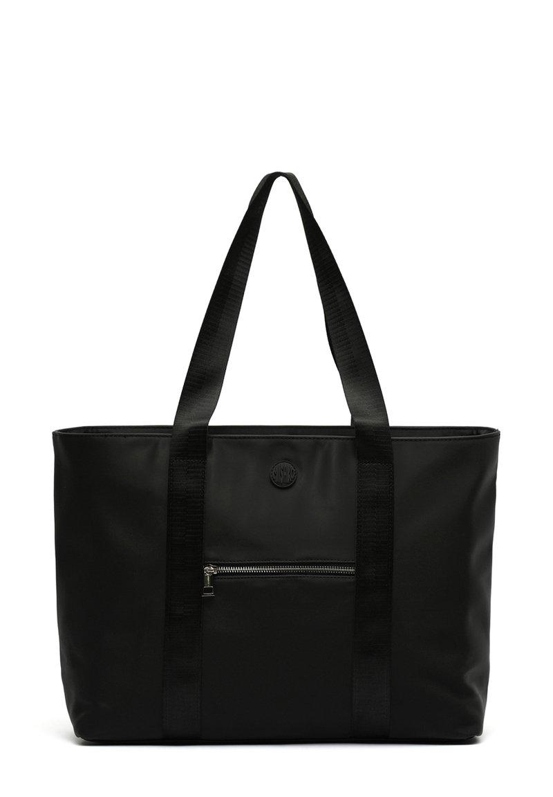 Black tote bag made of durable material with flat, wide straps and a front zippered pocket. Features a round logo on the front panel.