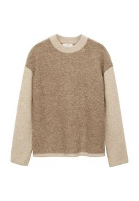 Pullover mit rundem Ausschnitt, weichem braunen Körper und gerippten beigen Ärmeln. Hergestellt aus strukturiertem Strickmaterial.