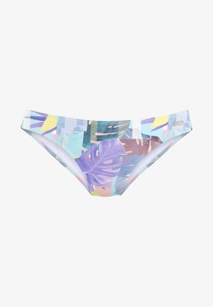 Bikini slip gemaakt van elastisch materiaal, met een multicolore bladerenprint in pastelkleuren. Soepele textuur met een laag uitgesneden ontwerp.