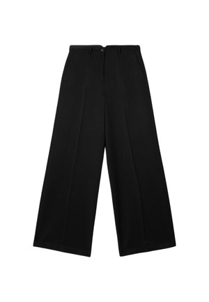 Black wide-leg trousers with a high waist, featuring two front pockets, a pleated design, and a single button closure. Classic tailored look.