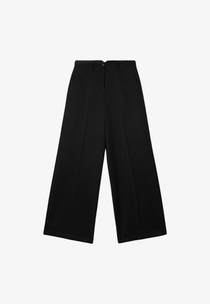 Schwarze, weit geschnittene Hosen mit hohem Bund, ausgestattet mit zwei Vorderseiten-Taschen, einem plissierten Design und einem einzelnen Knopfverschluss. Klassischer, maßgeschneiderter Look.