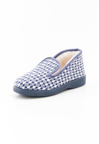 Blauw en witte geweven pantoffel met een geruit patroon, zachte binnenvoering en een duurzame, gestructureerde zool, met een lage snit.