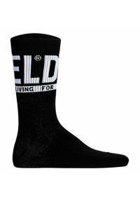 Sorte crew-sokker med et ribbet design, prydet med hvid tekst "FIELD" og en kontrasterende hvid bånd med teksten "LIVING FOR" rundt om cuffen.