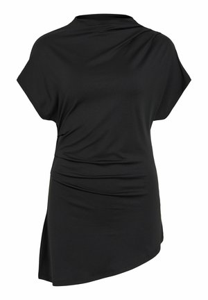 Robe courte noire asymétrique à manches courtes avec un col drapé et des fronces latérales, créant une silhouette ajustée.