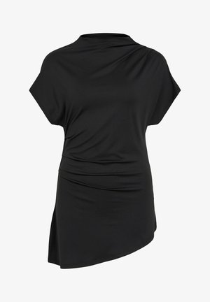 Must asümmeetriline lühikeste varrukatega kleit, millel on langev kaelus ja külgmised kortsud, mis loovad figureeriva silueti.