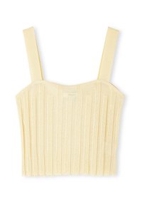 Żółty, żebrowany, krótki sweter z szerokimi ramiączkami, kwadratowym dekoltem i teksturowanym wzorem z pionowymi liniami. Eleganckie, bezszwowe wykończenie.