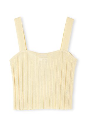 Geel geribbeld gebreid crop top met brede schouderbanden, vierkante halslijn en een textuurontwerp met verticale lijnen. Elegante, naadloze afwerking.