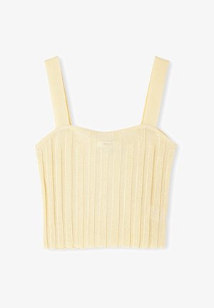 Geel geribbeld gebreid crop top met brede schouderbanden, vierkante halslijn en een textuurontwerp met verticale lijnen. Elegante, naadloze afwerking.