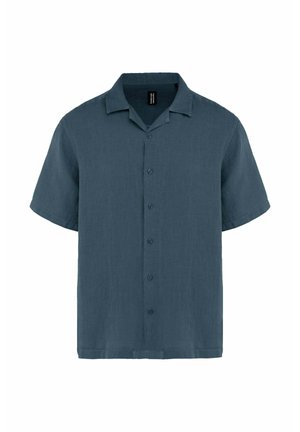 Koszula na krótki rękaw z guzikami w ciemnoniebieskim kolorze, z kołnierzem typu camp i lekkim materiałem.