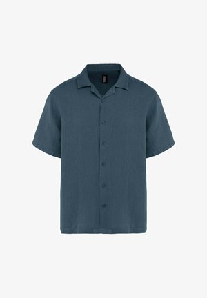 Koszula na krótki rękaw z guzikami w ciemnoniebieskim kolorze, z kołnierzem typu camp i lekkim materiałem.