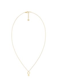 Guldtonet metalhalskæde med et glat kvindesymbol vedhæng, hvilket har en delikat kæde og en justerbar clasp for længde.