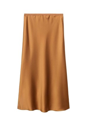 Fustă midi din satin maron cu o textură netedă și un ușor luciu. Are un design simplu, fără ornamente, și o talie elastică.