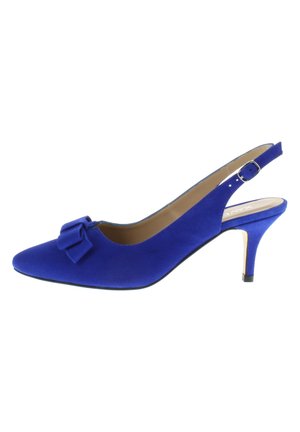 Blaue Wildleder-Slingback-High-Heels mit spitzem Zeh und einer Schleifenakzent an der Vorderseite. Verfügt über einen schmalen Absatz und einen verstellbaren Riemen.