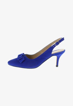 Blue suede slingback heeled shoe with a pointed toe and a bow accent on the front. Features a slim heel and an adjustable strap.