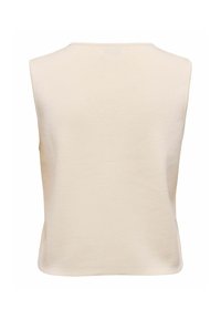 Beige, ermeløs topp med rund hals. Glatt tekstur og en avslappet passform. Ingen synlige mønstre eller hardware-detaljer.