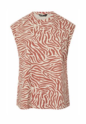 Top sin mangas beige con estampado de cebra en color óxido y escote redondo.