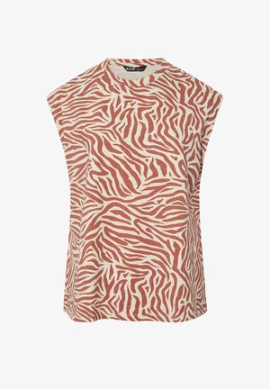 Top sin mangas beige con estampado de cebra en color óxido y escote redondo.