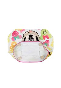 Bolso de tela con un diseño de ratón de dibujos animados, que presenta un patrón floral en rosa y amarillo. Incluye un bolsillo interno con cremallera y asas de cuerda.