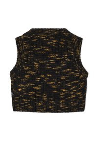 Stickad ärmlös kort tröja i svart och guldprickigt mönster. Har en ribbad nederkant och rundad halsringning. Mjuk textur, avslappnad design.