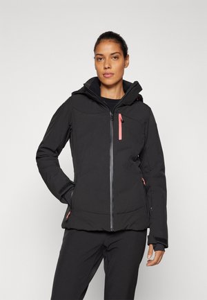 Schwarze isolierte Jacke mit abnehmbarem Kapuzen, Reißverschluss vorne und korallenfarbenen Akzenten. Verfügt über Seitentaschen und strukturierte Bündchen.