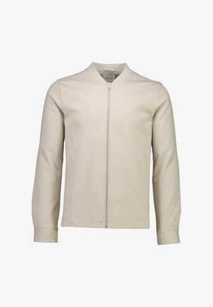Beige zip-up jacket gemaakt van zachte stof, met een staande kraag, lange mouwen en zijzakken met een gladde textuur.