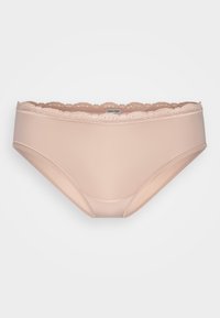 Lys rosa undertøy med en jevn tekstur, med en delikat blonderkant på livet. Merket synlig midt foran.