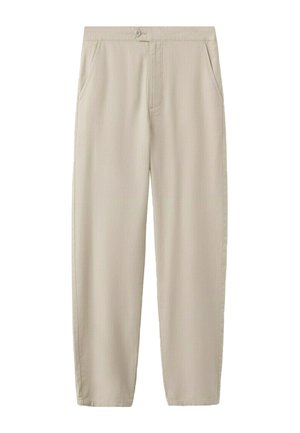 Pantaloni beige a gamba dritta con tasche laterali, chiusura con bottoni e cerniera, realizzati in tessuto leggero.