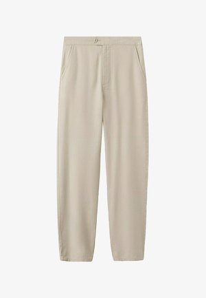 Pantalones beige de corte recto con bolsillos laterales, cierre de botón y cremallera, confeccionados con tela ligera.