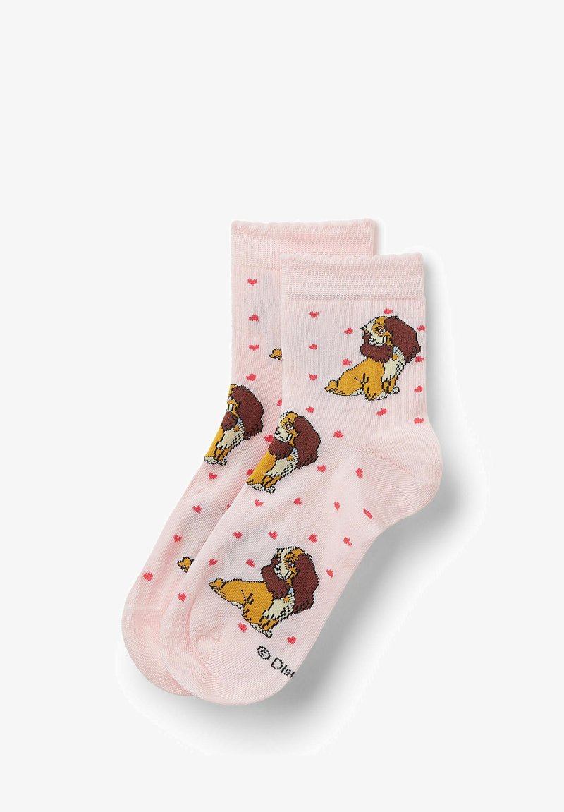 Pink socks featuring a cartoon lion design, scattered with small red hearts. Made of soft material with a comfortable fit.