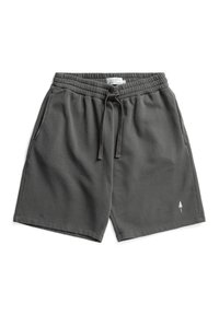 Charcoal gray shorts made of soft cotton. Features an elastic waistband with drawstring, side pockets, and a small tree logo on the lower hem.