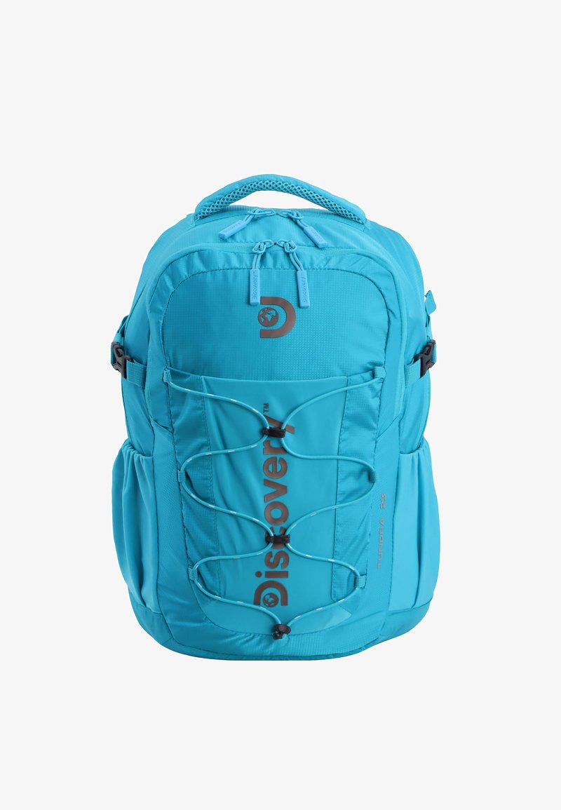 Türkiser Rucksack mit atmungsaktiven Mesh-Trägern, verstellbaren Bungee-Kordeln und "Discovery"-Logo. Verfügt über mehrere Fächer und strapazierfähigen Stoff.