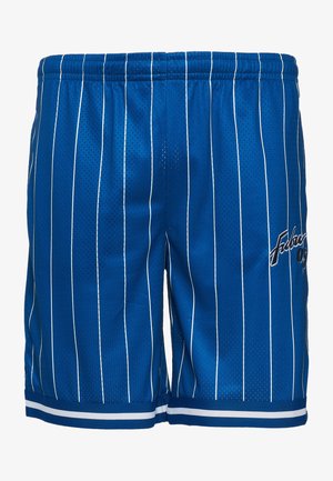 Shorts atletici din plasă albastre, cu dungi verticale albe, talie elastică și dungi pe laturile tivului. Prezință broderie cu logo pe lateral.