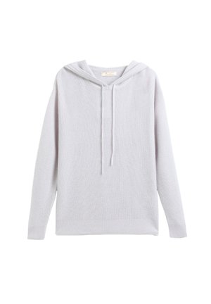 Light gray knit hoodie with a drawstring, long sleeves, and ribbed texture. Features a spacious hood and a relaxed fit at the hem.