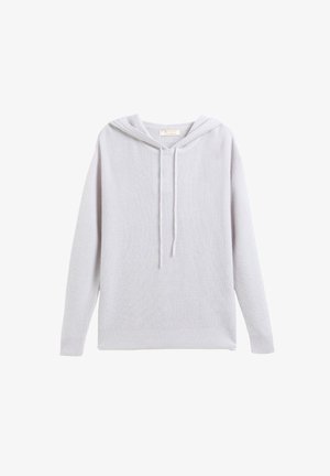 Light gray knit hoodie with a drawstring, long sleeves, and ribbed texture. Features a spacious hood and a relaxed fit at the hem.