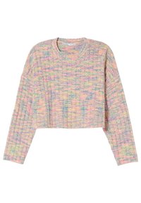Pull court multicolore avec un motif tricoté texturé, présentant des nuances de rose, bleu et jaune dans un design ample et décontracté.