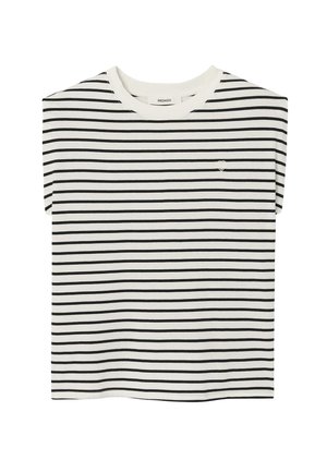 Chemise blanche à manches courtes avec de fines rayures horizontales noires et une petite broderie de cœur blanc sur le côté gauche de la poitrine.