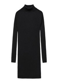 Robe à col roulé en maille côtelée noire, manches longues, silhouette cintrée et longueur au genou.