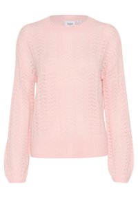 Light pink knitted sweater with textured design, round neckline, and balloon sleeves. Elastic ribbed trim at the cuffs and hem.